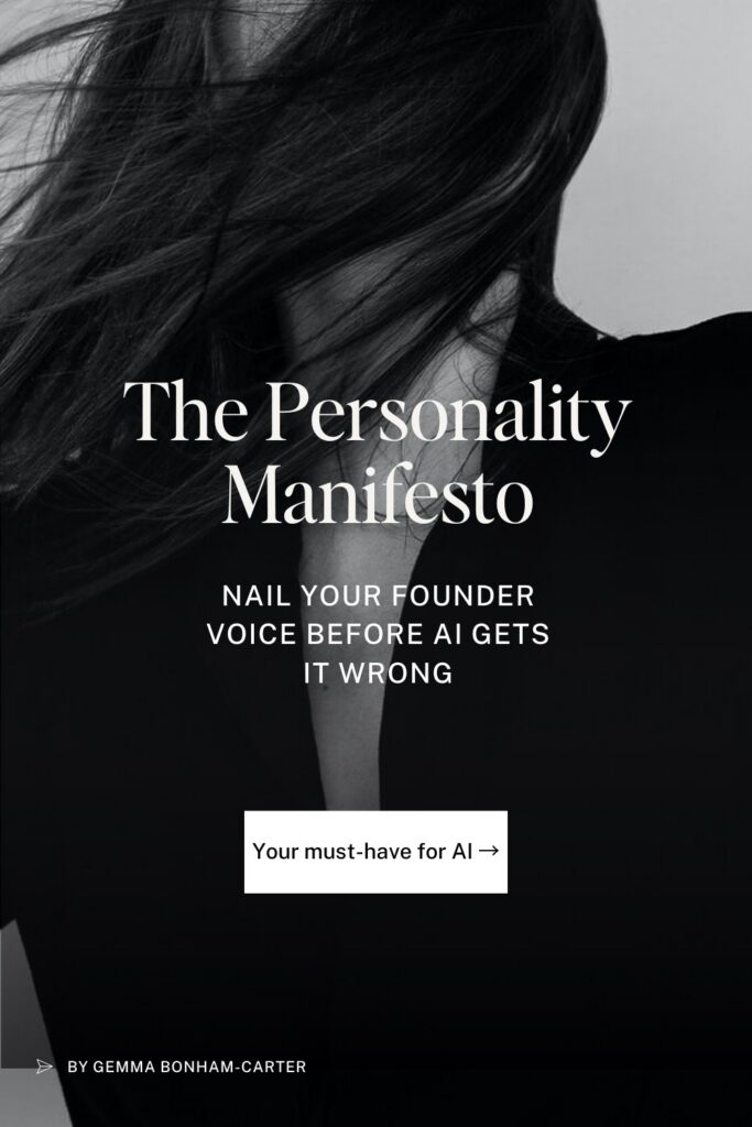 A stock photo reads: "The Personality Manifesto - Nail Your Founder Voice Before AI Gets It Wrong"