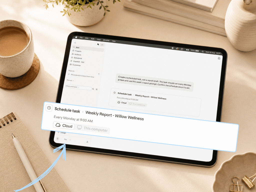 Scheduled task confirmation in Claude showing the Willow Wellness weekly report set to run in the cloud every Monday at 9am