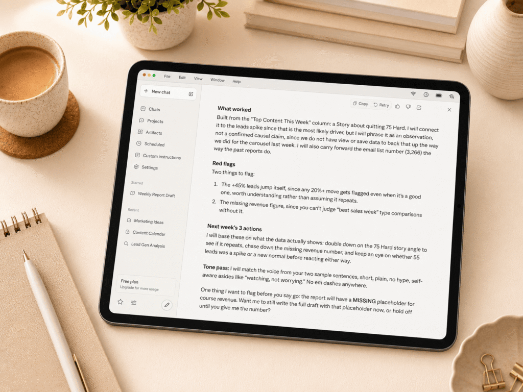 AI assistant outlining its report plan before writing, flagging a 45% jump in leads and a missing revenue number, and waiting for approval