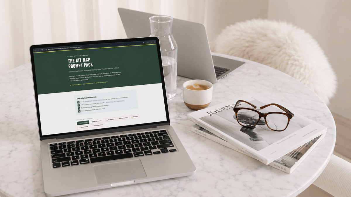 Laptop displaying the Kit MCP Prompt Pack landing page on a marble table with a coffee cup, glasses, magazines, and a water carafe