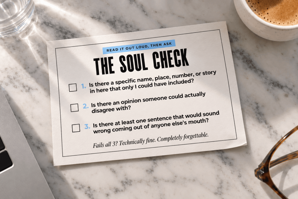 The Soul Check card listing 3 questions to ask before publishing: is there a detail only you could include, an opinion someone could disagree with, and a sentence only you would say