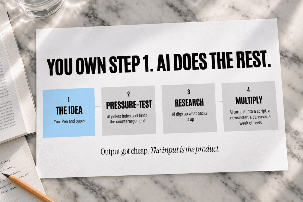 4-step content process where step 1, the idea, is done by a human with pen and paper, and steps 2 to 4, pressure-testing, research, and multiplying into formats, are done by AI