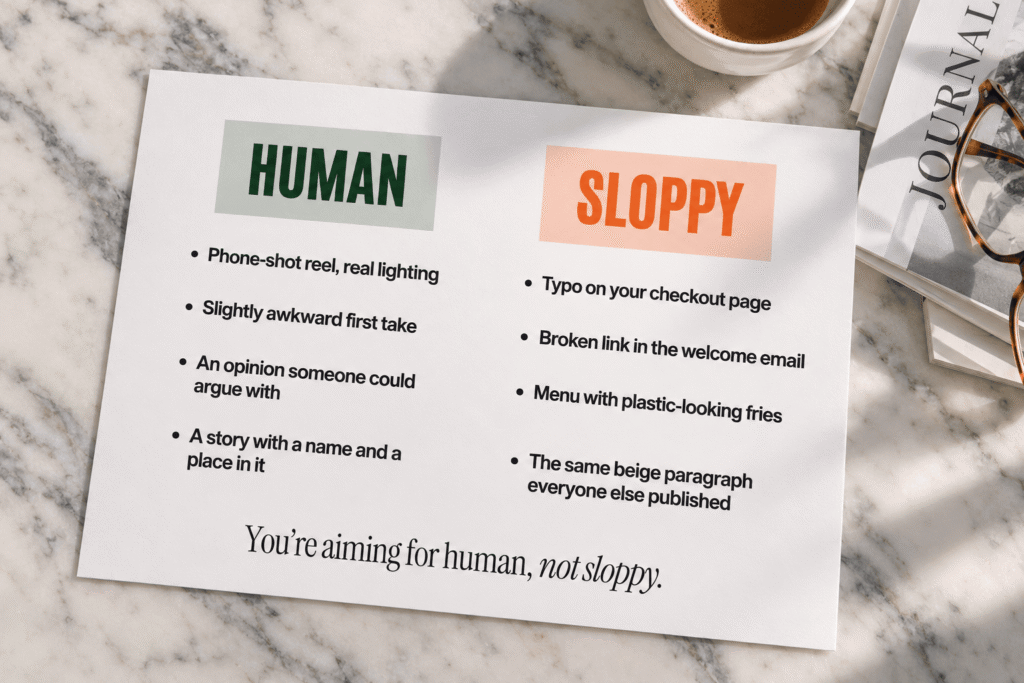 Two-column card contrasting human content signals like phone-shot video and real opinions with sloppy signals like checkout typos and plastic-looking AI menu images