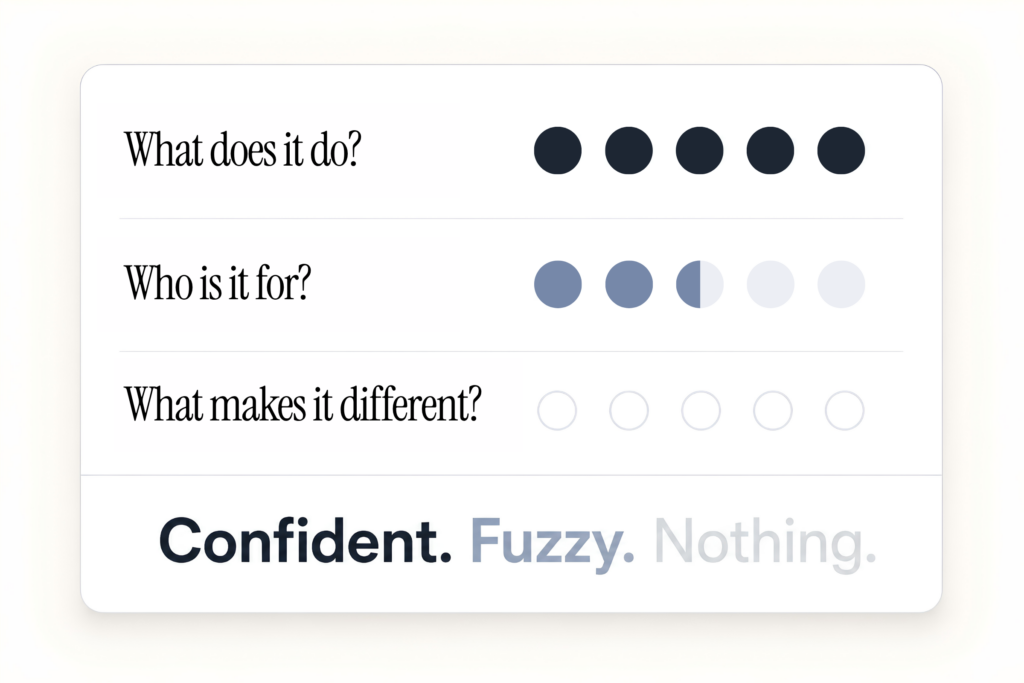 Audit result card showing an AI's confidence dropping across 3 questions about a business: full marks on what it does, partial on who it is for, and empty on what makes it different