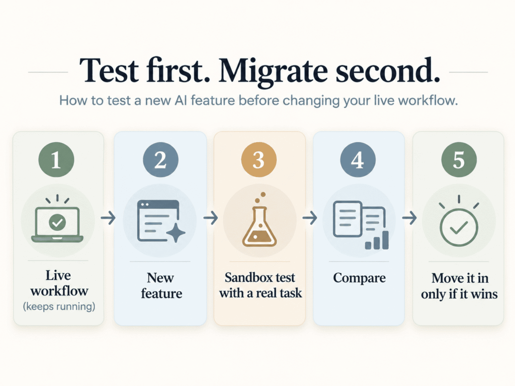 Five-step AI workflow testing process showing how to keep an existing workflow running, test a new feature in a sandbox, compare results, and adopt it only if it performs better.