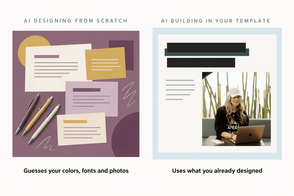 Comparison of a messy AI-designed Instagram slide next to a clean slide built inside a brand's own Canva template