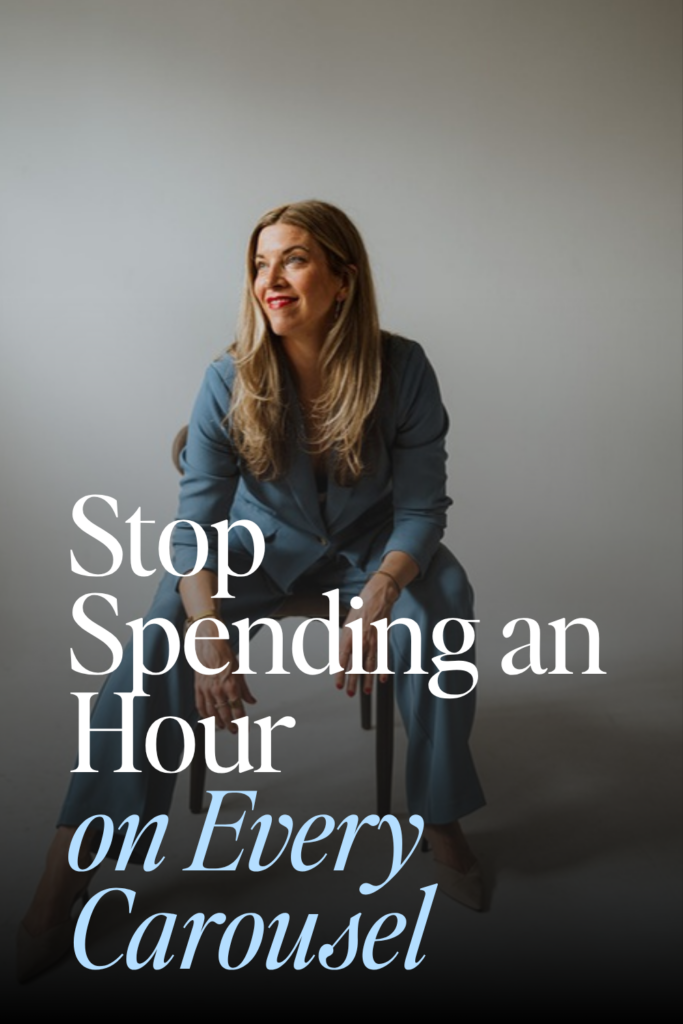 Pinterest pin reading Stop Spending an Hour on Every Carousel, over a photo of Gemma Bonham-Carter on a stool against a grey backdrop, looking up and smiling.